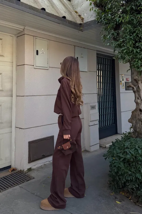 Ensemble de survêtement marron avec détail t-shirt et taille élastique - 0740