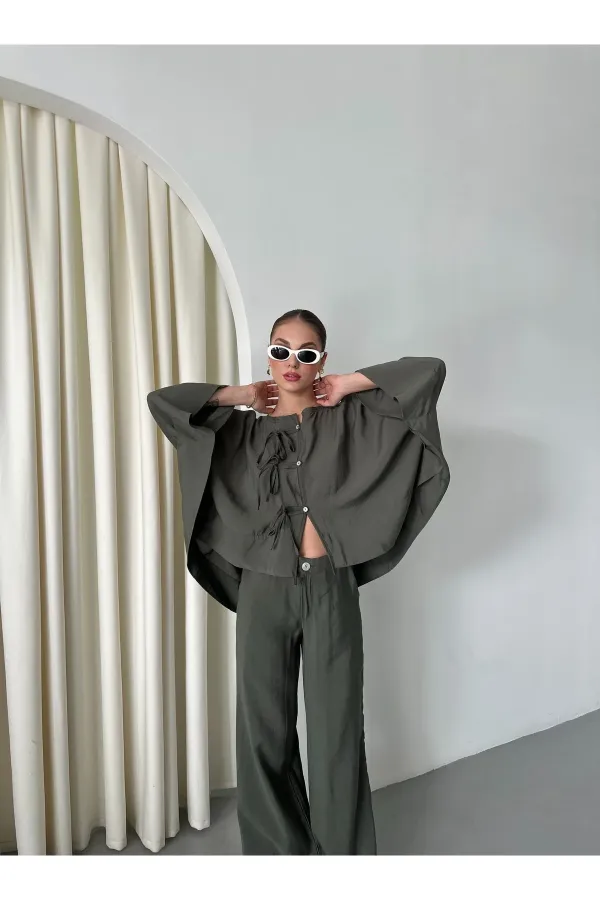 Ensemble chemisier et pantalon kaki avec détails de surpiqûres au col - 9002