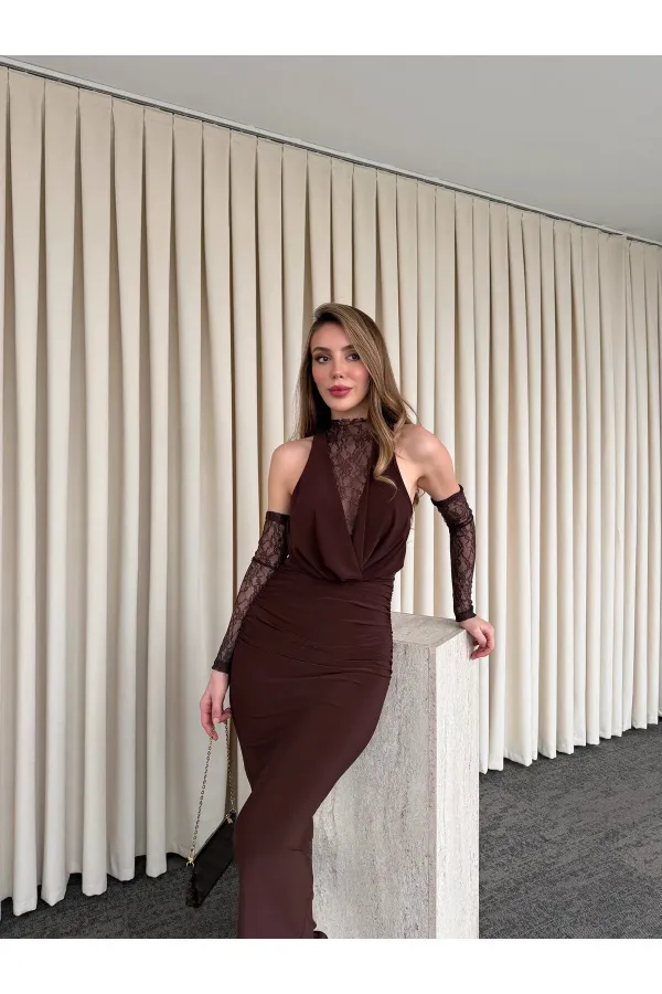 Kahverengi Degaje Yaka Dantel Eldivenli Elbise - 20117