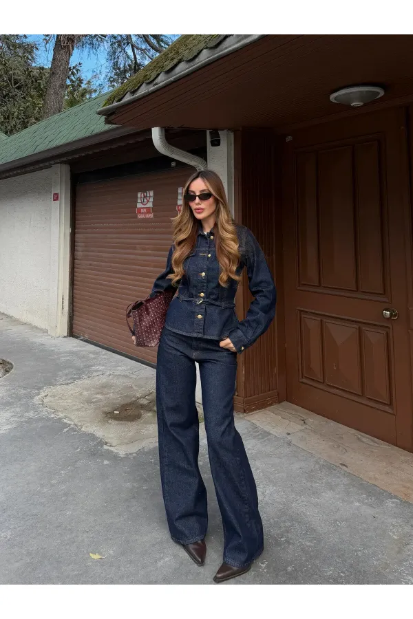 Lacivert Belden Oturtma Denim Ceket Pantolon Takım - 0838