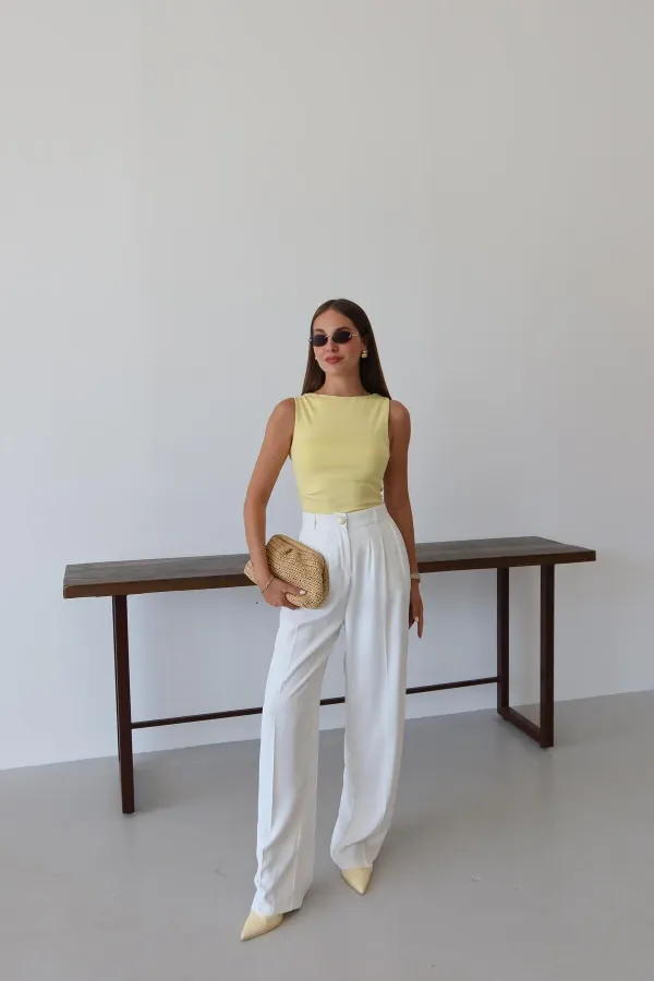 White Palazzo Pants with Gold Buttons and Elastic Waist White Palazzo Pants with Gold Buttons and Elastic Waist