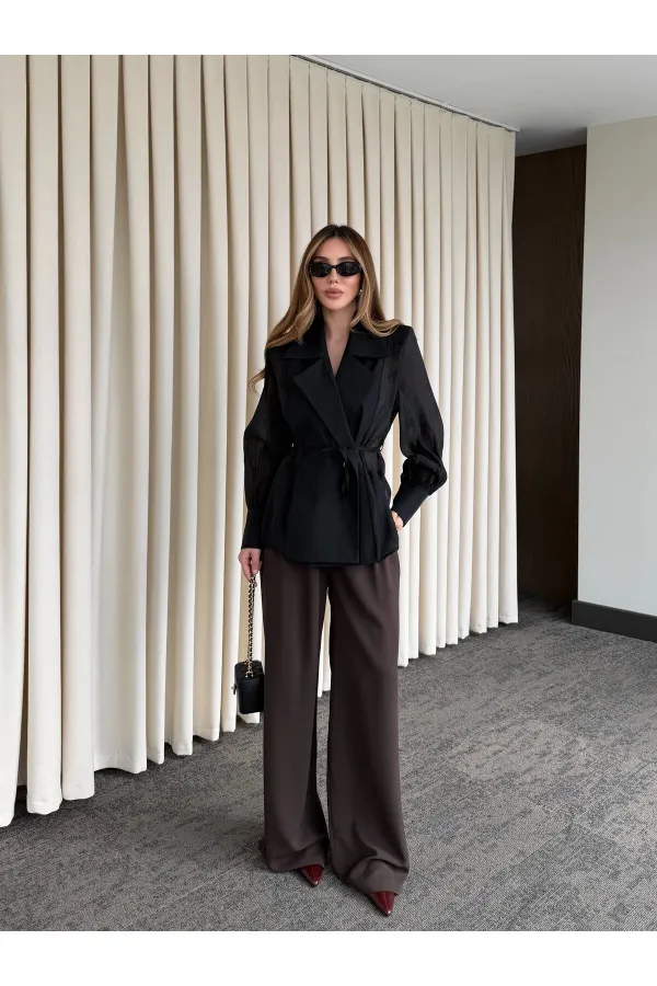 Siyah Vatkalı Transparan Gömlek - 5029