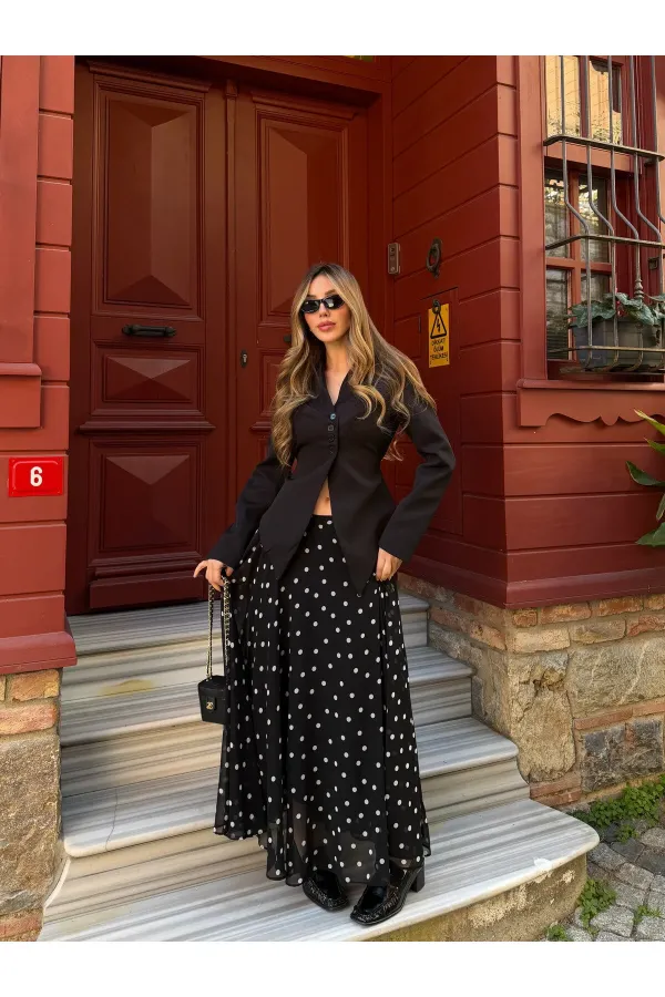 Black Chiffon Polka Dot Long Skirt - 2506