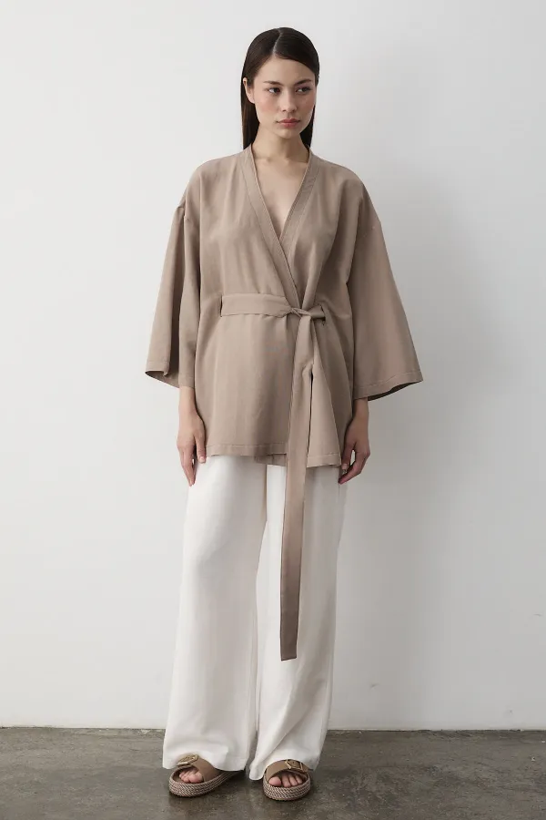 Sütlü Kahve Iç Kemerli Fakir Kol Kimono - 5383
