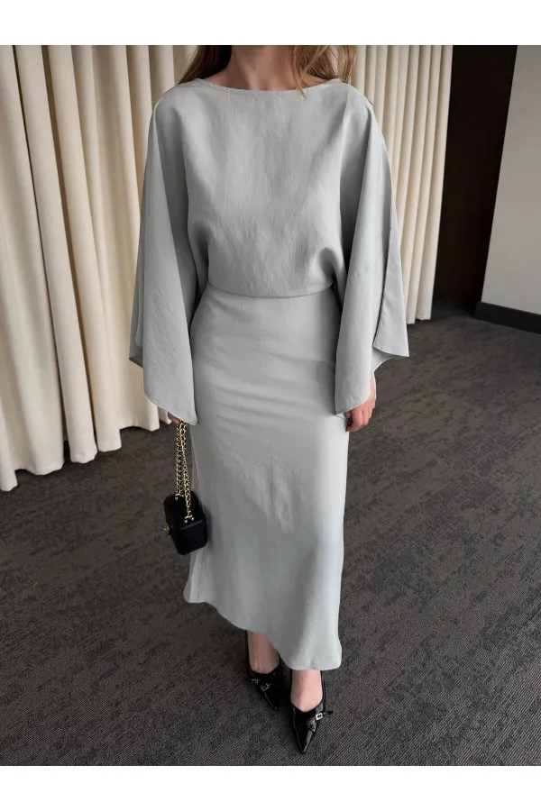 Gri Yarasa Kol Modal Elbise - 5000