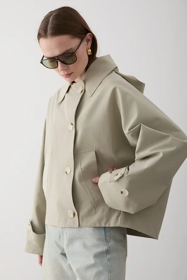 Mint Kapüşonlu Kısa Trençkot - 7003