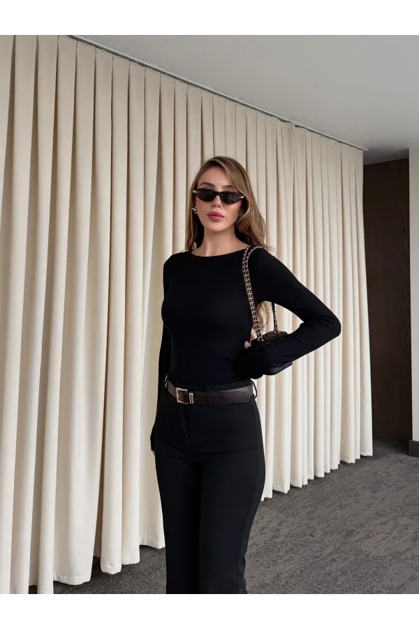 Black Crew Neck Long Sleeve Bodysuit - 0098