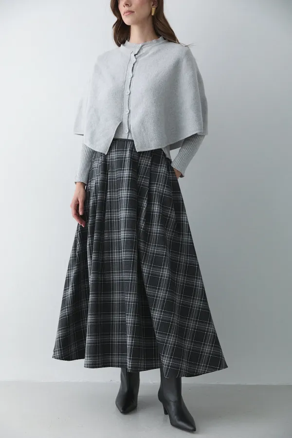 Anthracite Grey Plaid Skirt with Leather Trim - 4977 Anthracite Grey Plaid Skirt with Leather Trim - 4977