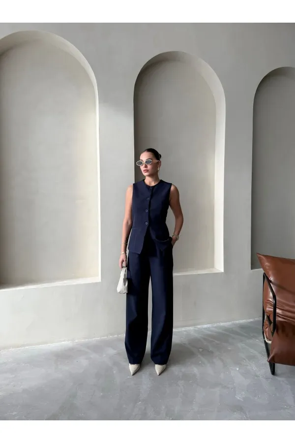 Dark Navy Camille Classic Button-Down Vest Trousers - 8449 Dark Navy Camille Classic Button-Down Vest Trousers - 8449