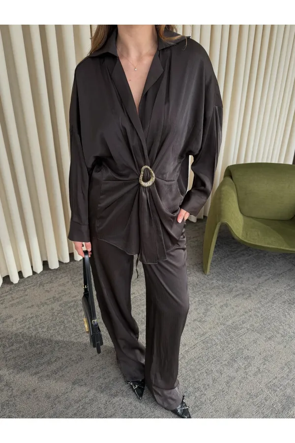 Brown Buckled Shirt and Trousers Set - 51240 Brown Buckled Shirt and Trousers Set - 51240