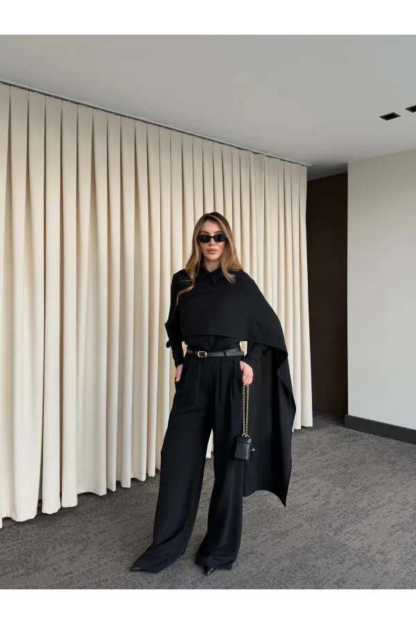 Siyah Kemerli Şal Yaka Gömlek Pantolon Takım - 8004