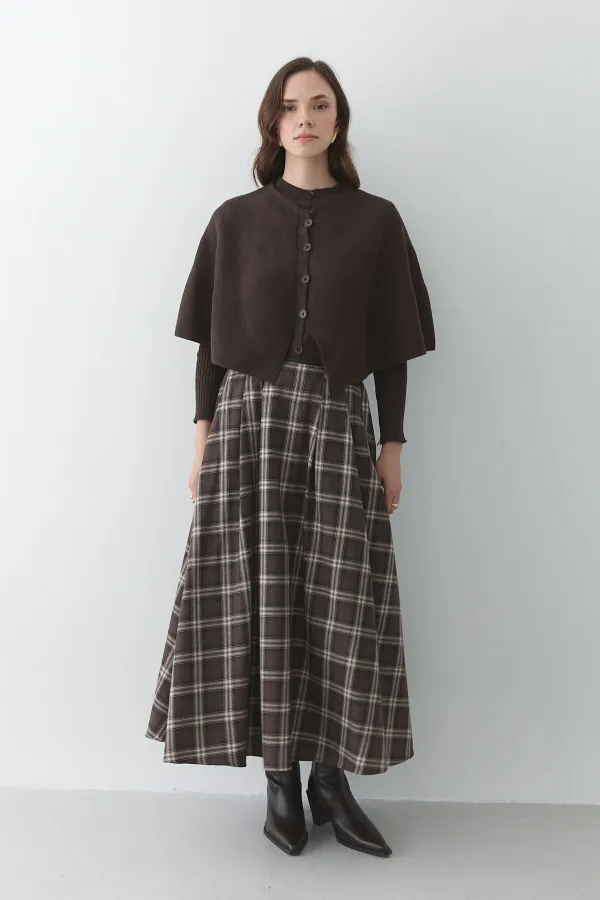 Brown Plaid Skirt with Leather Trim - 4977