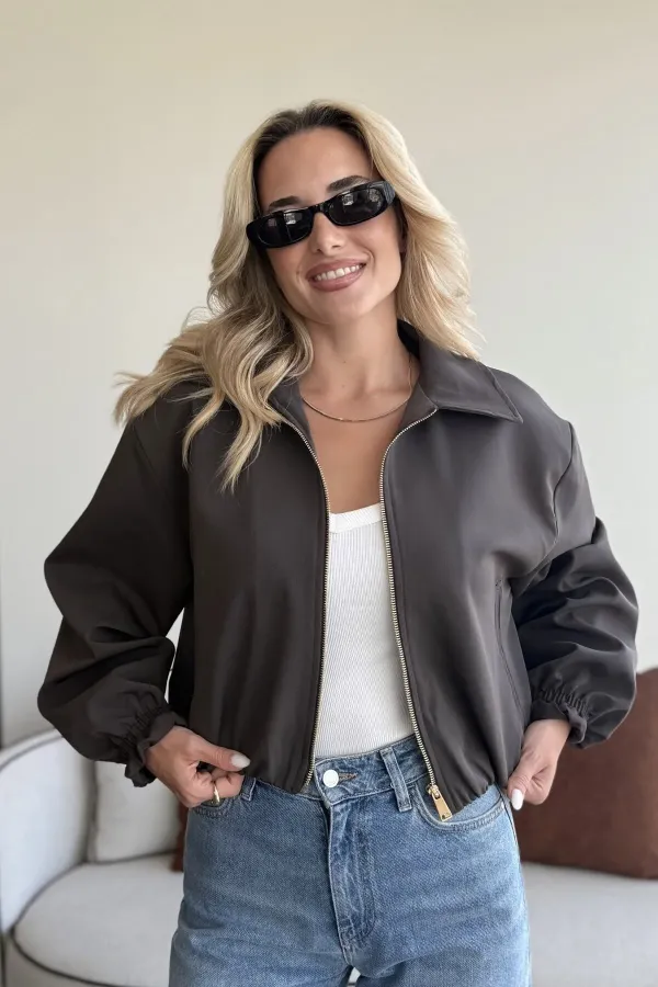 Koyu Kahverengi Crop Bomber Ceket
