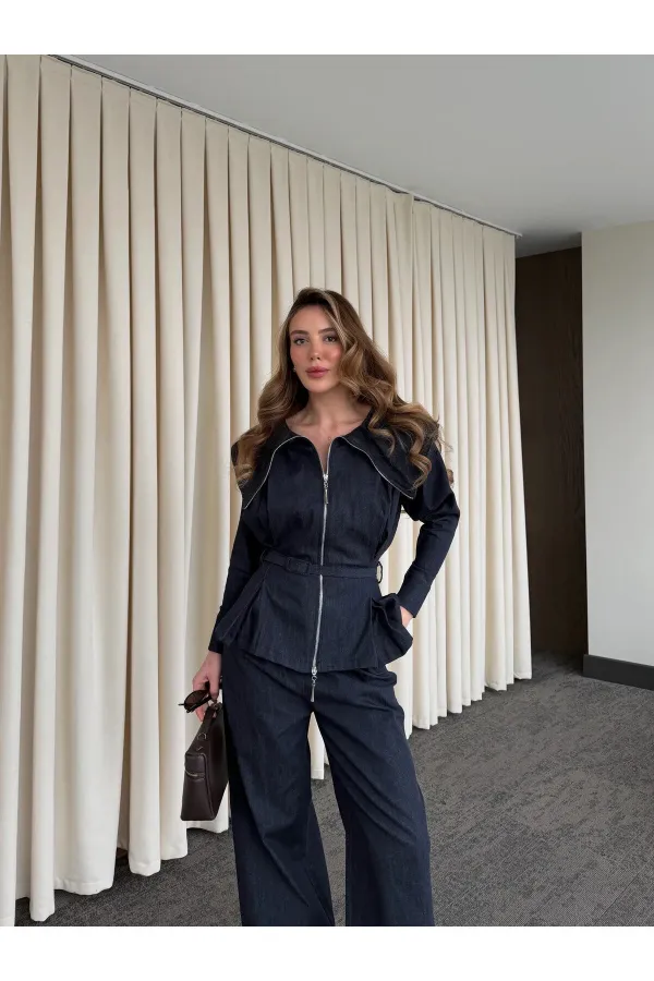 Costume en jean bleu marine de créateur - 8002