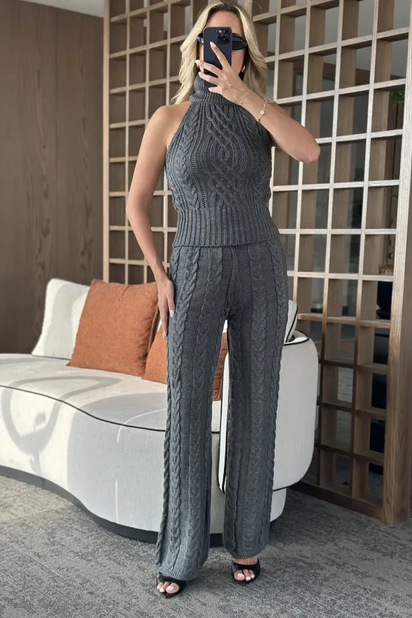 Ensemble chemisier sans manches et pantalon anthracite - 3009