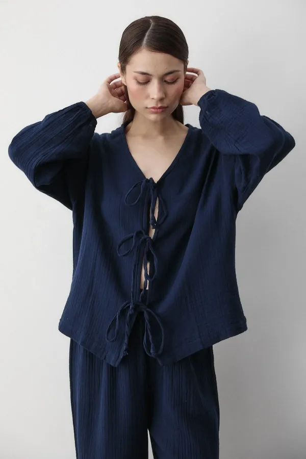 Navy Blue 100% Cotton Tie-Up Blouse and Pants Set