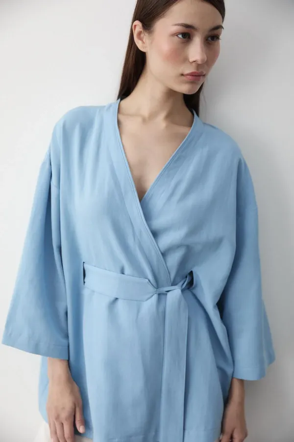 Mavi Yarım Kol İçten Kemerli Kimono - 5383