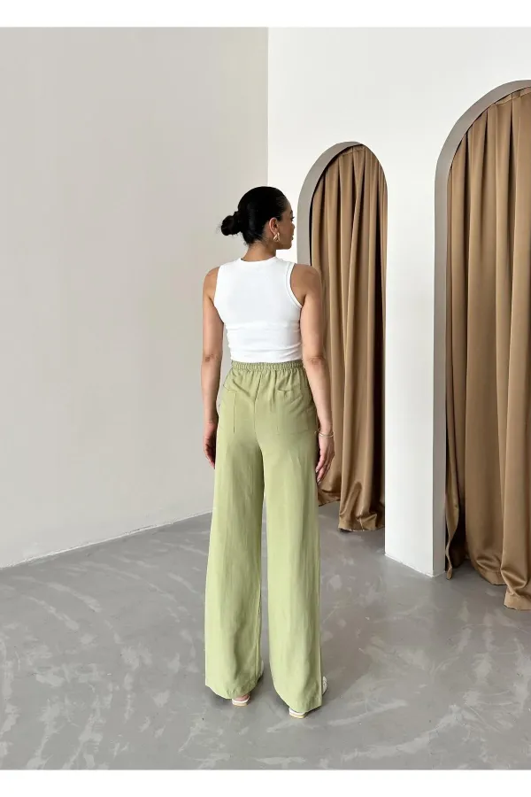 Khaki Cotton Linen Trousers with Elastic Waistband