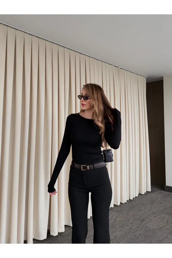 Black Crew Neck Long Sleeve Bodysuit - 0098