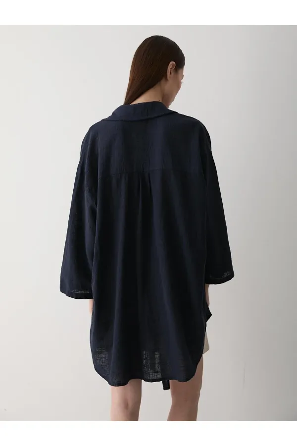 Lacivert Flam Keten Kimono Gömlek
