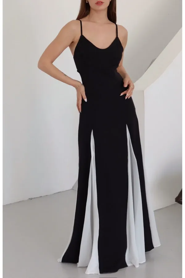 Black and White Long Dress with Adjustable Straps - 0205