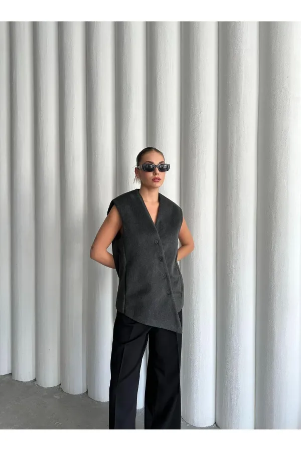 Antrasit Venedik Çapraz Düğmeli Yelek