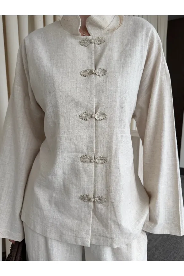 Natural Nakış Düğmeli Kimono Takım - 60624