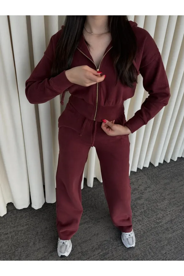 Bordo %100 Pamuk Kapüşonlu Fitilli Takım - 51232