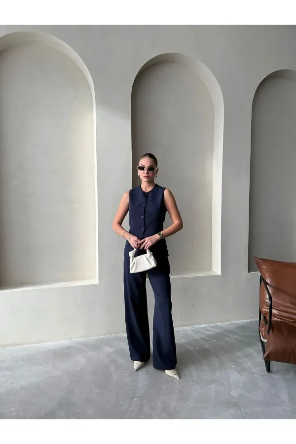 Dark Navy Camille Classic Button-Down Vest Trousers - 8449 Dark Navy Camille Classic Button-Down Vest Trousers - 8449