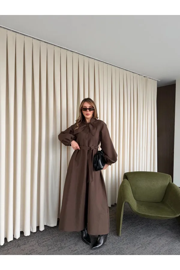 Robe marron avec nœud décoratif au col - 2001
