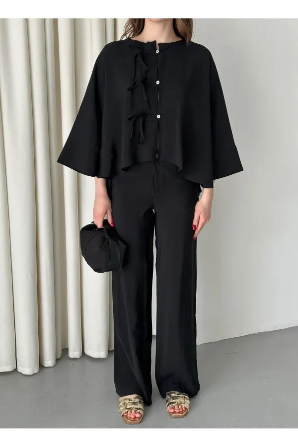 Black Batwing Sleeve Set with Lace-up Button Detail