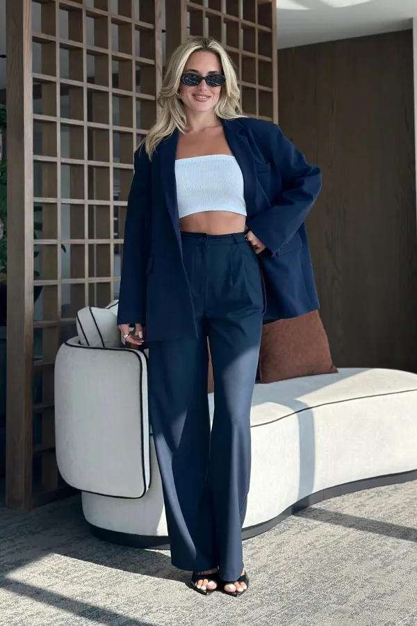 Pantalon bleu marine Idole avec ceinture - 3510