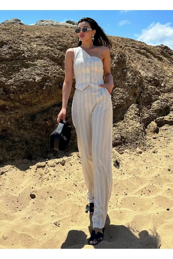 Natural Black Striped One-Shoulder Vest and Trousers Set Natural Black Striped One-Shoulder Vest and Trousers Set