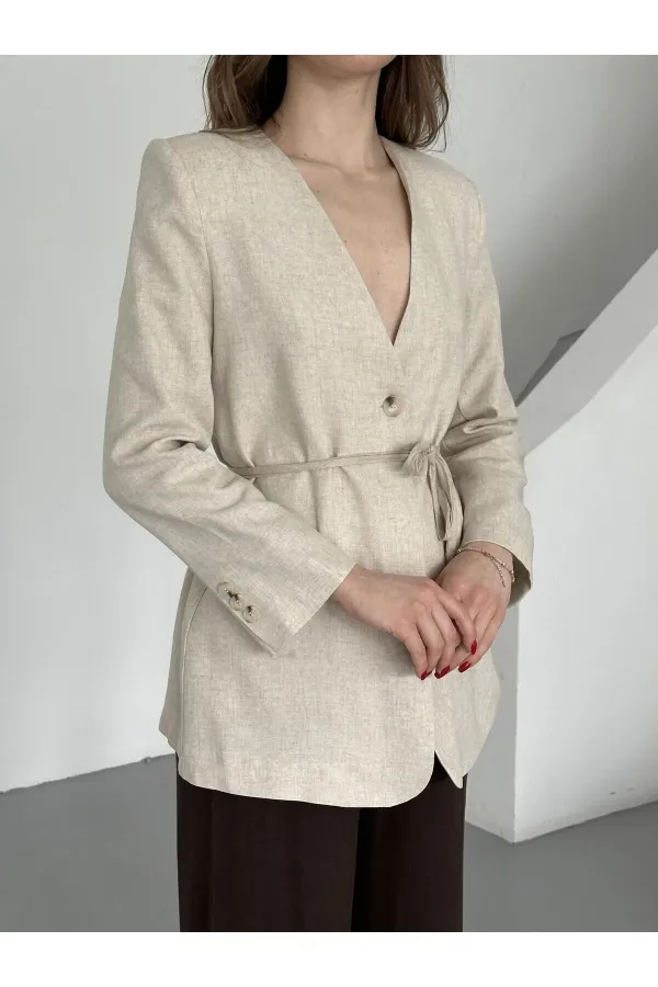 Bej %100 Pamuk İp Kemerli Ceket