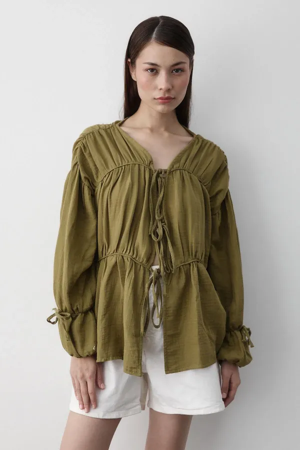 Khaki 100% Cotton Muslin Shirt with Elasticated Sleeves