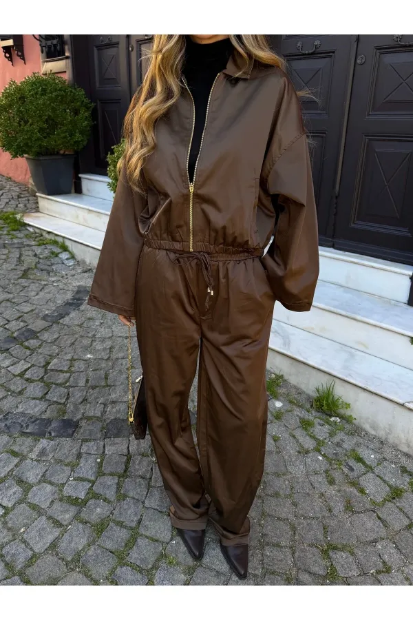 Kahverengi Bomber Saten Ceket Pantolon Takım - 9663 - 51229