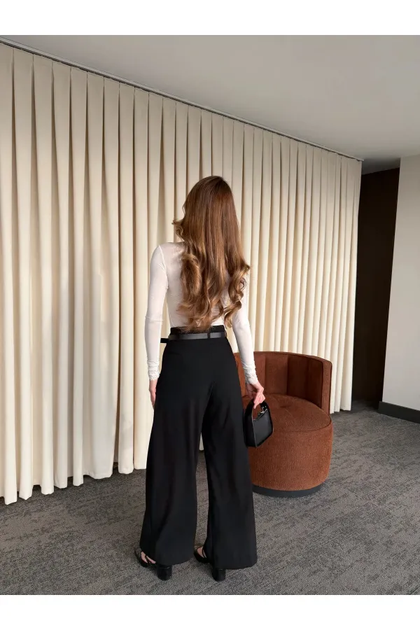 Siyah Kemerli Tasarım Pantolon - 251032