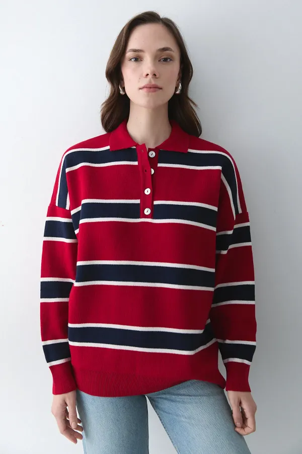 Kırmızı Lacivert Polo Yaka Şeritli Kazak - 251129