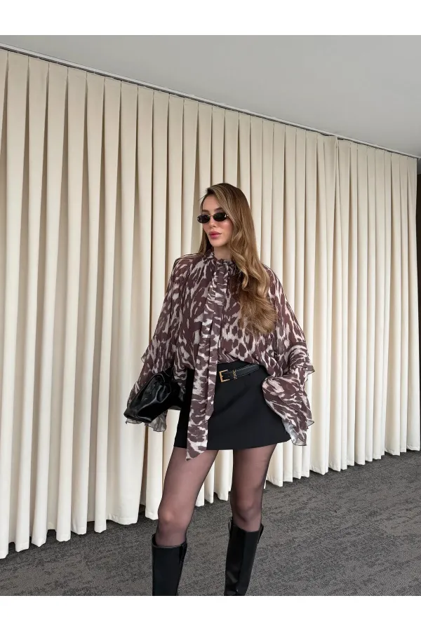 Chemisier en mousseline marron à nouer - 5024