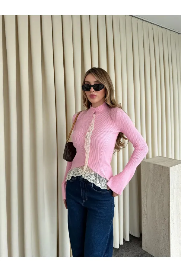 Pembe Dantel Detaylı Tasarım Hırka - TH261017