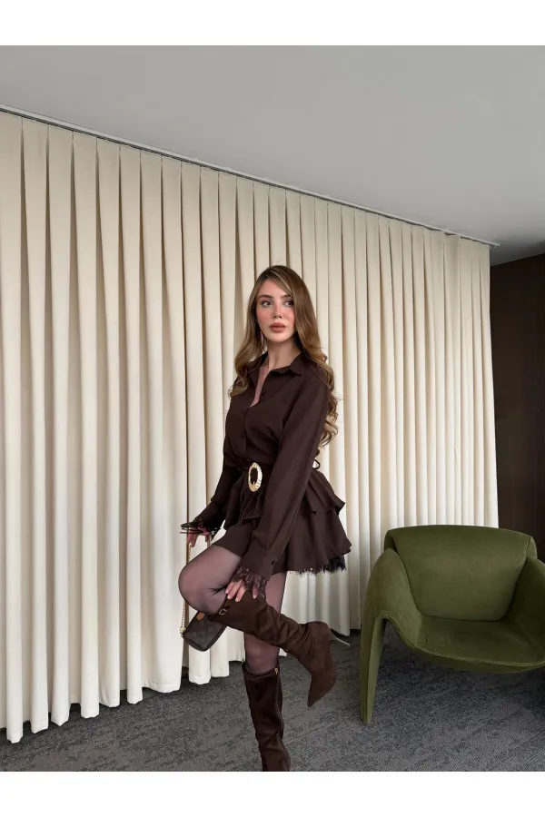 Brown Dress with Lace Hem - 35518