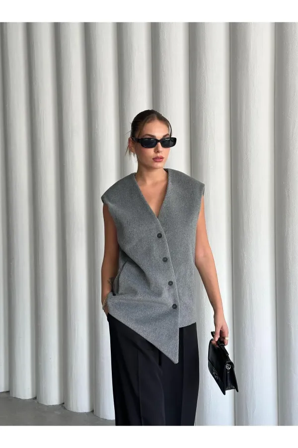 Gri Venedik Çapraz Düğmeli Yelek