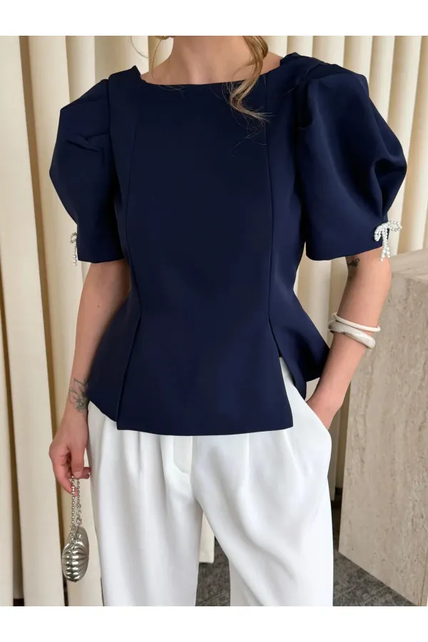 Lacivert Kolu İnci Fiyonk Detaylı Bluz - 5001