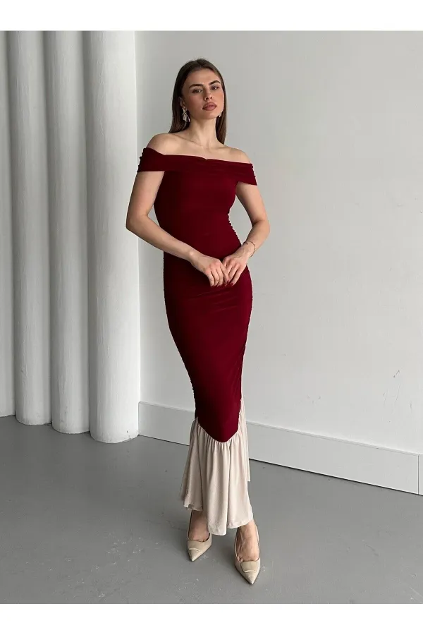 Bordo Kayık Yaka Fırfırlı Elbise - 4798