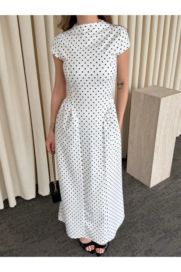 Beyaz Puantiyeli Uzun Elbise - 5092