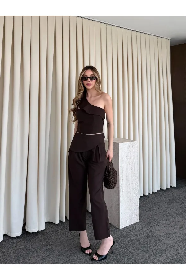 Acı Kahve Tek Omuz Tasarım Yaka Bluz Pantolon Takım - 8003