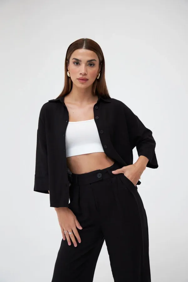 Ensemble deux pièces chemise et pantalon en lin noir