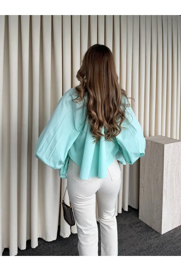Mint Yakası Bağlamalı Kolları Tasarım Gömlek - 112254