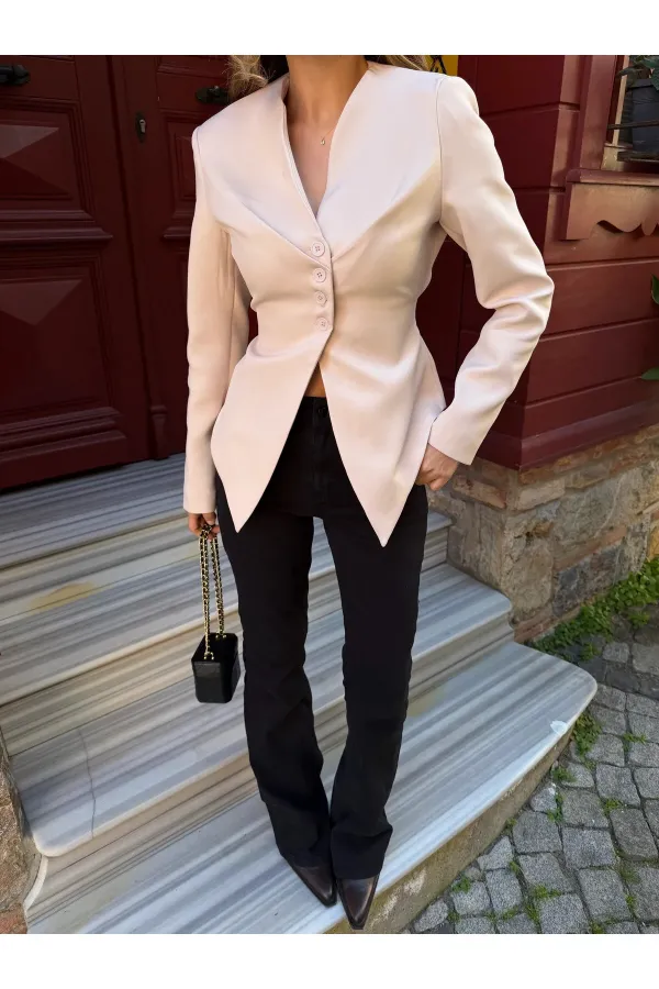 Bej Asimetrik Kesim Kuşaklı Ceket - 3001