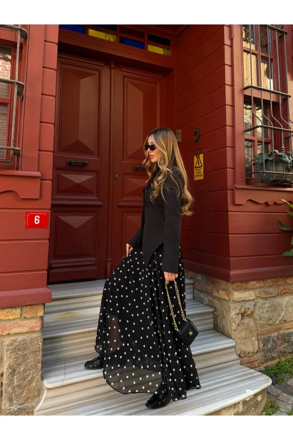 Black Chiffon Polka Dot Long Skirt - 2506